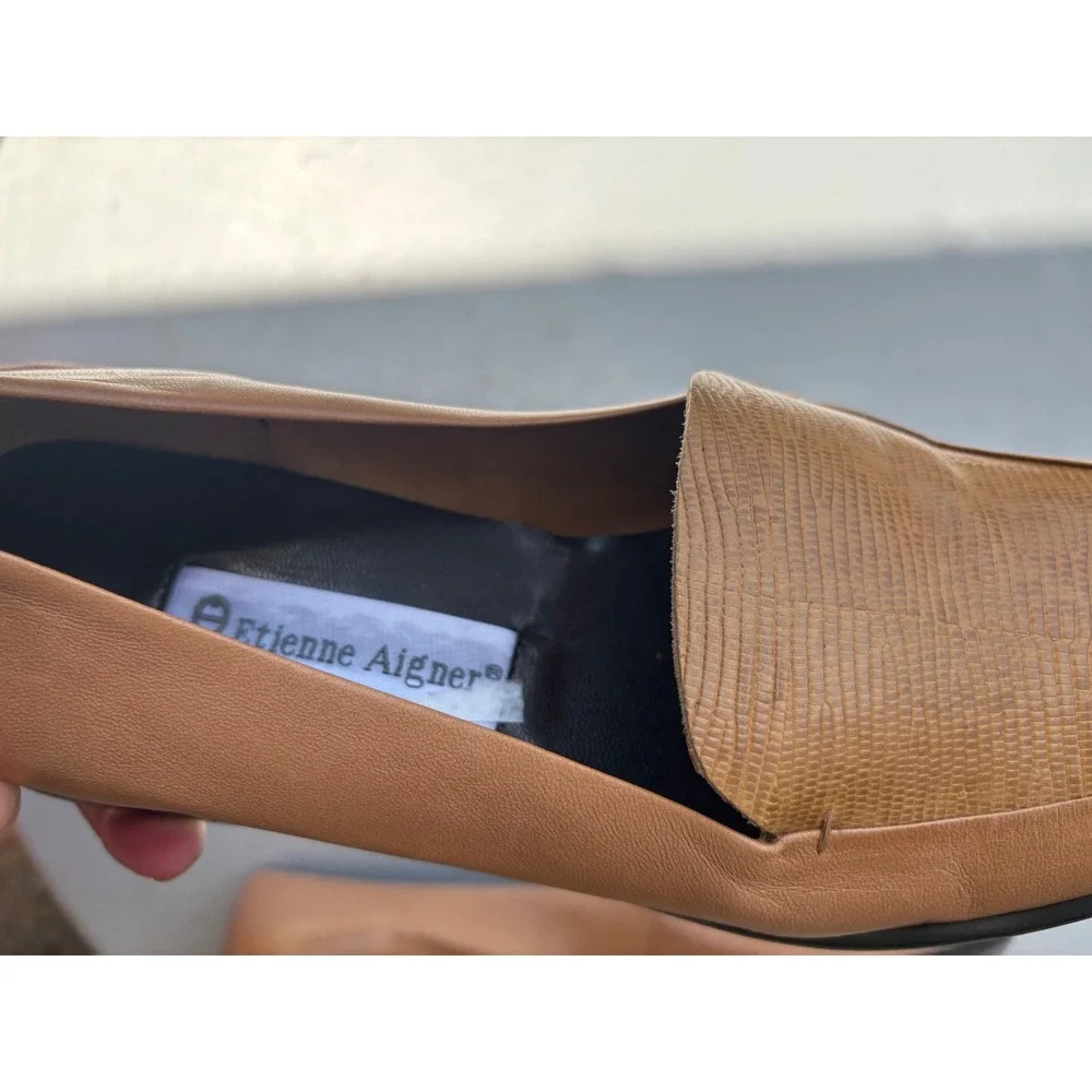 Etienne Aigner Rush Tan Leather Square Toe Loafers Low Block Heel Womens 7.5M